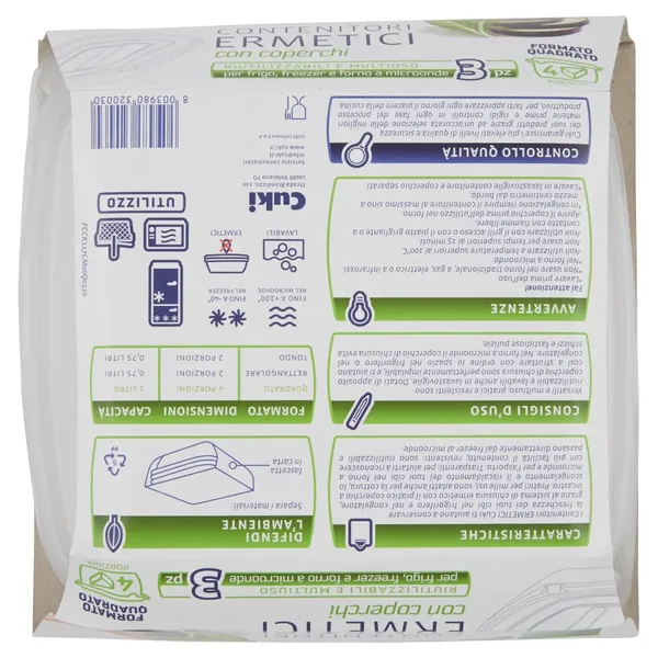 Cuki Recipient cu Capac Ermetic Patrat 1 lt, 3 Buc, Bax 6 Set